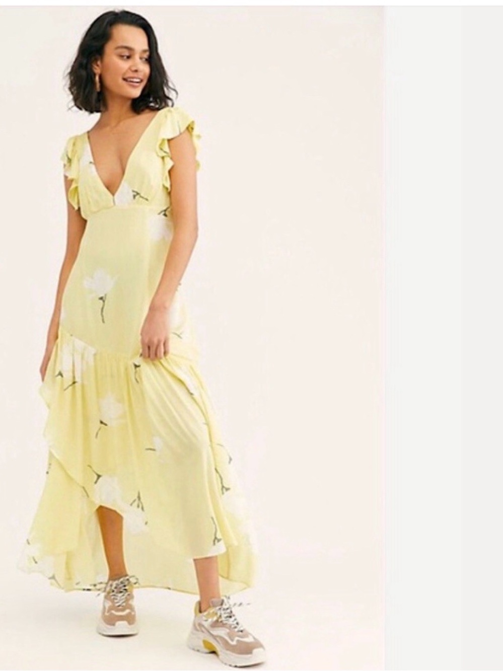 Free People She’s a Waterfall Yellow Floral V-Neck Ruffle Maxi Dress NWT Size 8